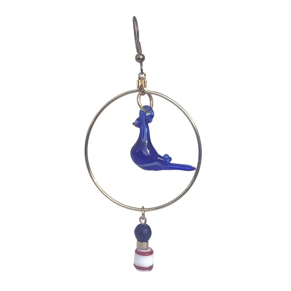 Gold Tone Hoop Earrings with Cobalt Blue Lampwork Glass Birds & Art Glass Beads - Picture 3 of 3